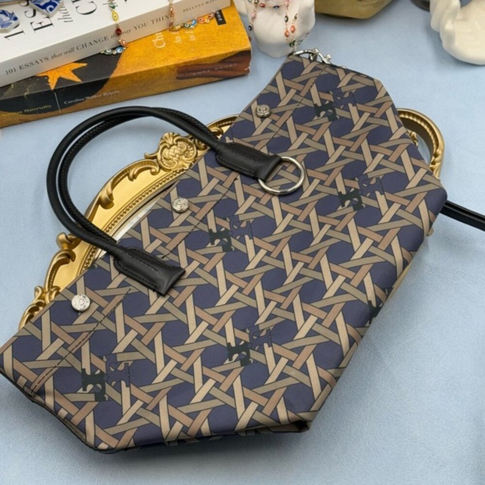 🆕 TORY BURCH 🧿 NWOT Small Basketweave Tote Bag, Cotton Canvas & Leather - AUTH - Picture 15 of 16